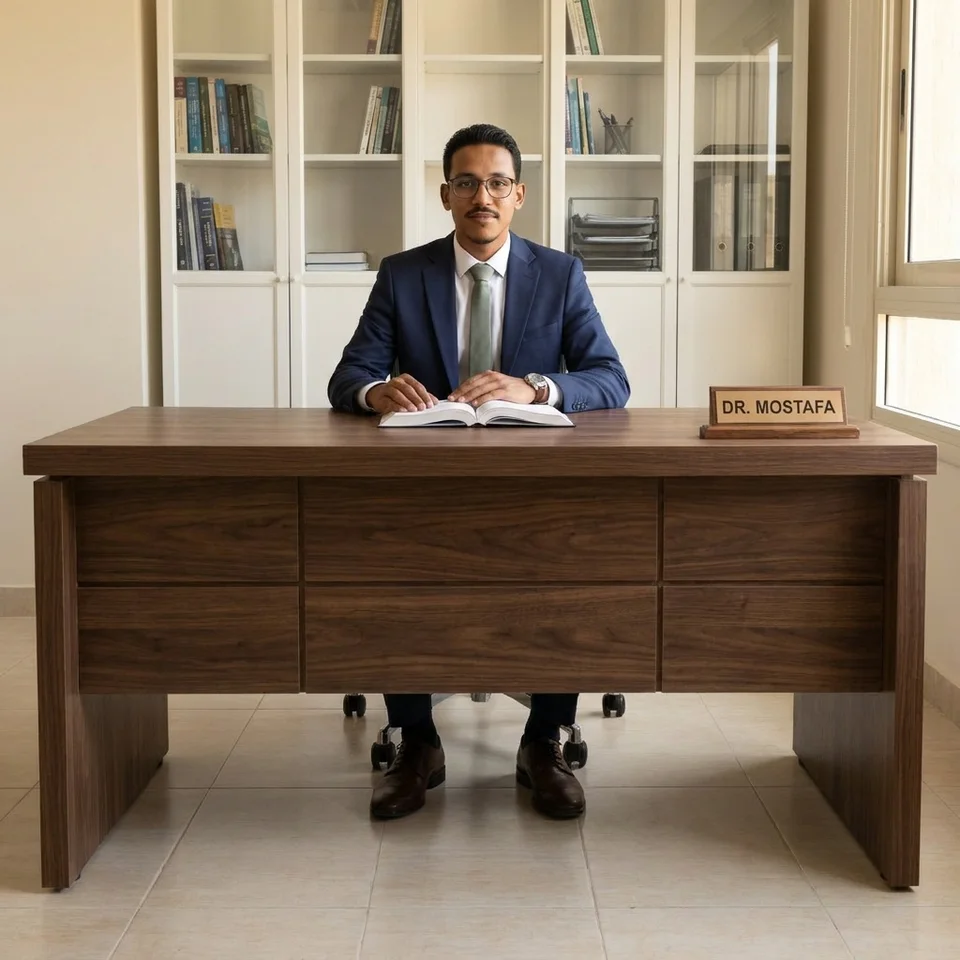 صورة مولدة لدكتور مصطفى خلف مكتب بكادر واسع، لوحة الاسم DR. MOSTAFA